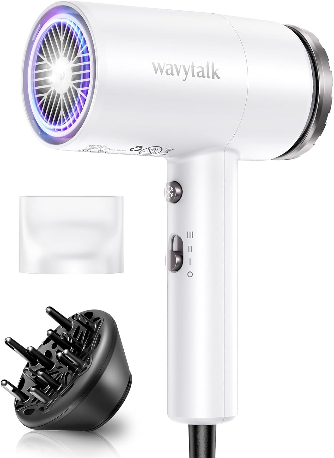 Wavytalk Hair Dryer with Diffuser 1875W Ionic Blow Dryer for Fast Drying with Concentrator Lightweight White.