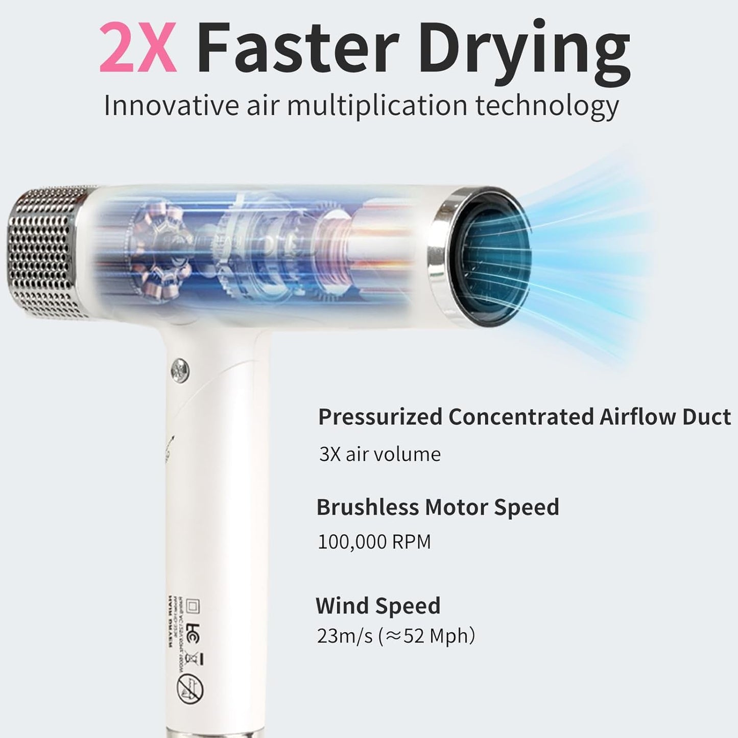 Portable Hair Dryer, 100,000 RPM Diffuser Hair Dryer, 300M Negative Ion, 6.5ft Cord, 3 Heat Settings & 3 Speed, Ionic Hairdryer with Concentrator Nozzle Diffuser for Curly Hair, for Women Men, White