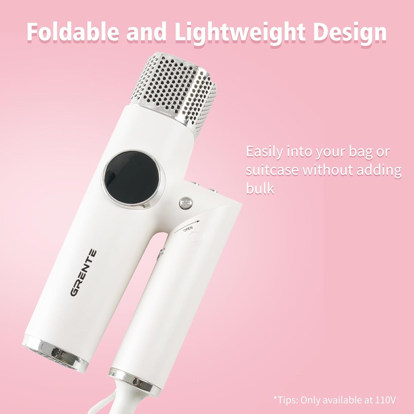 Portable Hair Dryer, 100,000 RPM Diffuser Hair Dryer, 300M Negative Ion, 6.5ft Cord, 3 Heat Settings & 3 Speed, Ionic Hairdryer with Concentrator Nozzle Diffuser for Curly Hair, for Women Men, White