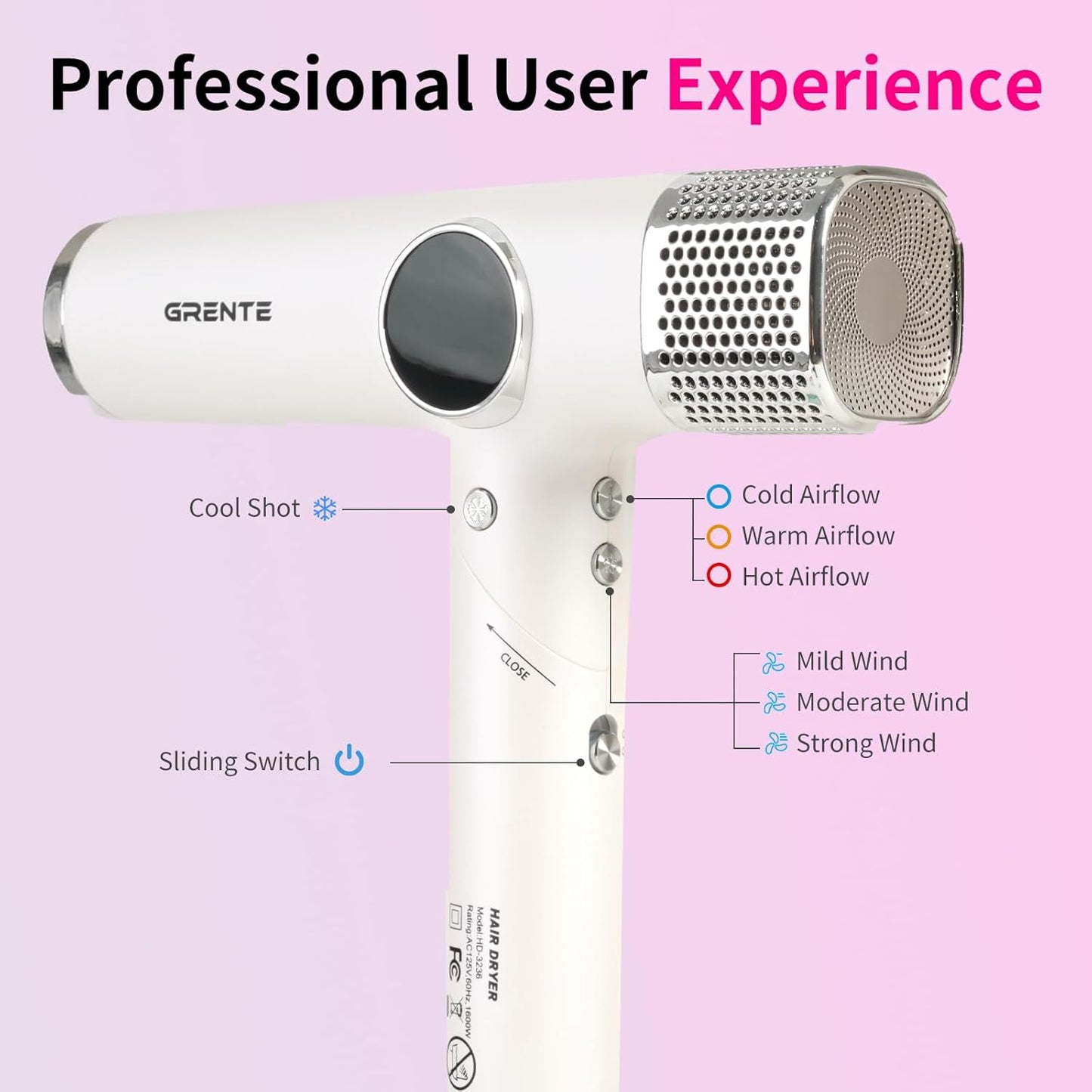 Portable Hair Dryer, 100,000 RPM Diffuser Hair Dryer, 300M Negative Ion, 6.5ft Cord, 3 Heat Settings & 3 Speed, Ionic Hairdryer with Concentrator Nozzle Diffuser for Curly Hair, for Women Men, White