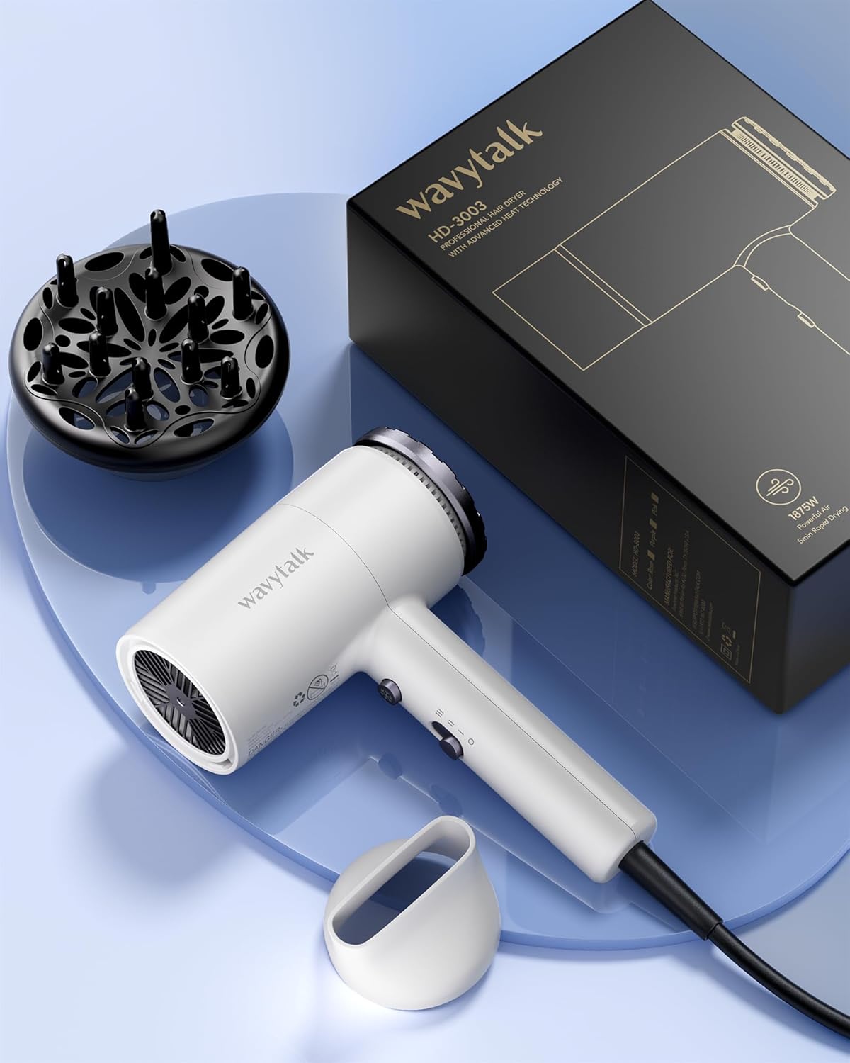 Wavytalk Hair Dryer with Diffuser 1875W Ionic Blow Dryer for Fast Drying with Concentrator Lightweight White.