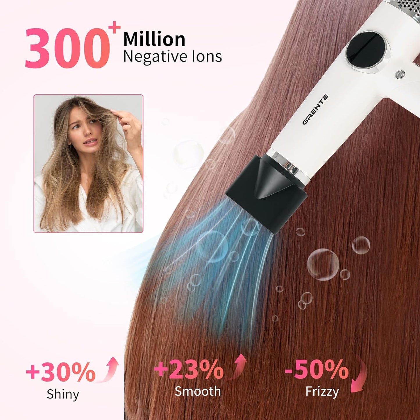 Portable Hair Dryer, 100,000 RPM Diffuser Hair Dryer, 300M Negative Ion, 6.5ft Cord, 3 Heat Settings & 3 Speed, Ionic Hairdryer with Concentrator Nozzle Diffuser for Curly Hair, for Women Men, White