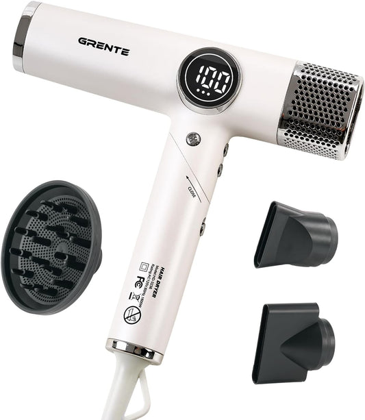 Portable Hair Dryer, 100,000 RPM Diffuser Hair Dryer, 300M Negative Ion, 6.5ft Cord, 3 Heat Settings & 3 Speed, Ionic Hairdryer with Concentrator Nozzle Diffuser for Curly Hair, for Women Men, White