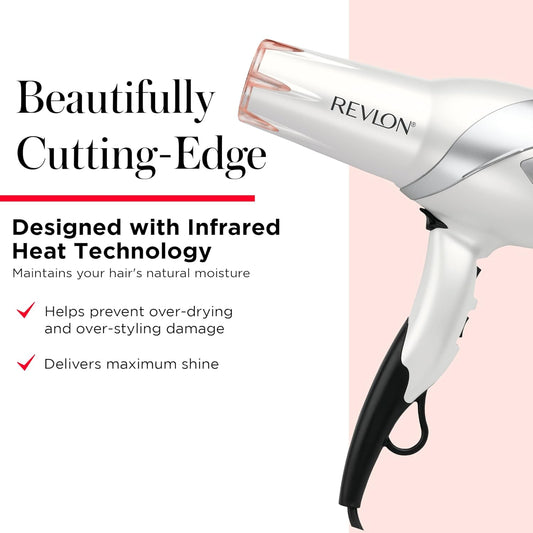 REVLON Infrared Hair Dryer with Diffuser & Concentrator - Ionic Ceramic Blow Dryer for Frizz Control, Shine, Soft Hair & Moisture Protection - 1875W Professional Salon-Quality (White)